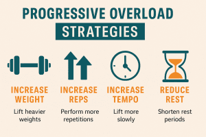 Visual guide to the key methods of applying progressive overload in resistance training.