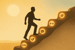 A visual representation of a man building mental strength and resilience, with symbols of everyday strategies for mental health