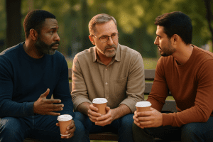 Men sharing a supportive conversation, highlighting the importance of men's mental health support system