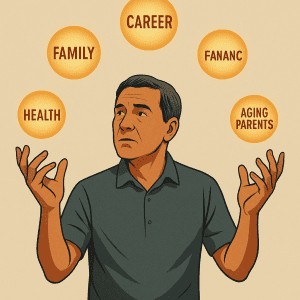 10 Signs It Is Time to Revitalize Your Life After 40 4 A man juggling many responsibilities, illustrating the common mental health challenges for men over 40