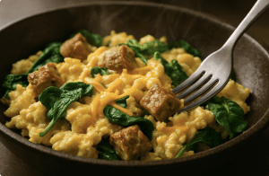 Delicious high-protein egg scramble with turkey sausage and spinach, healthy breakfast for men over 40