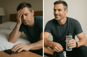 Before and after of a man's morning routine, transforming from sluggish to energetic after 40