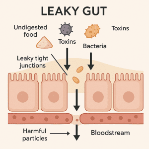 The Silent Saboteur: How Chronic Inflammation In Men Is Holding You Back (and How to Kick It's Ass) 5 “Leaky gut diagram showing compromised intestinal lining and systemic inflammation”