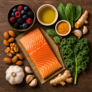 The Silent Saboteur: How Chronic Inflammation In Men Is Holding You Back (and How to Kick It's Ass) 6 Top anti-inflammatory foods like salmon, greens, berries, and turmeric on a clean surface”
