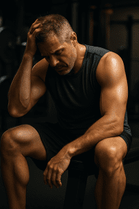 The Silent Saboteur: How Chronic Inflammation In Men Is Holding You Back (and How to Kick It's Ass) 2 Fit middle-aged man looking exhausted in gym, representing silent symptoms of chronic inflammation