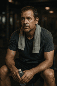 Tired middle-aged man sitting on gym bench with towel around his neck, slightly sweaty and thoughtful after a workout — realistic lighting and natural skin texture.