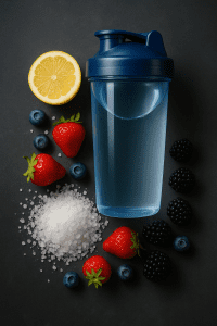 ransparent shaker bottle surrounded by sea salt, lemon slices, and fresh berries on a matte surface, symbolizing natural electrolytes with bright, photorealistic lighting.