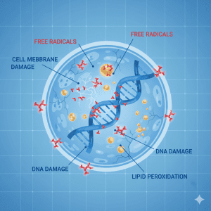 Biological Aging: Unlocking Vitality: The Got2ManUp Longevity Lab 2 biological aging, Diagram showing oxidative stress and free radical damage to cells, DNA, and lipids.