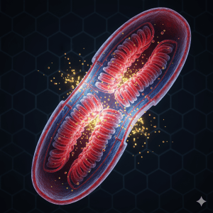 Biological Aging: Unlocking Vitality: The Got2ManUp Longevity Lab 3 High-detail 3D rendering of mitochondria producing ATP energy, glowing inner membrane structures, scientific but visually appealing style, bold red and blue color palette, suitable for men’s health and fitness article.