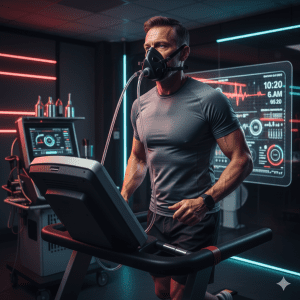 Biological Aging: Unlocking Vitality: The Got2ManUp Longevity Lab 4 Man in his 40s doing a VO₂ max treadmill test in a performance lab