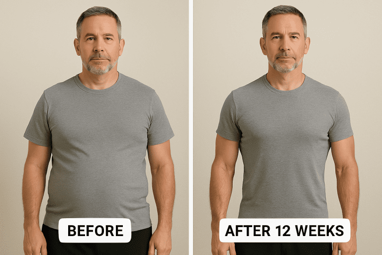 Before and after body recomposition photos of a man over 40