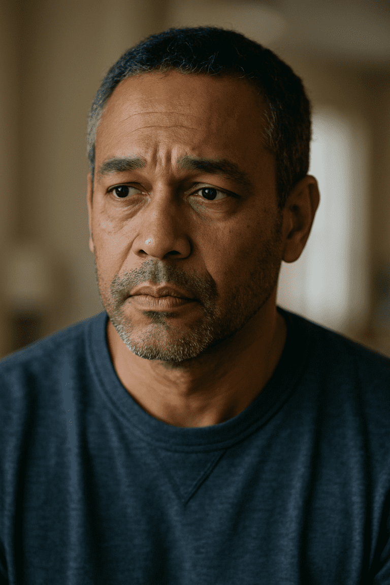 A man with a thoughtful expression, representing the silent struggle of men's mental health.