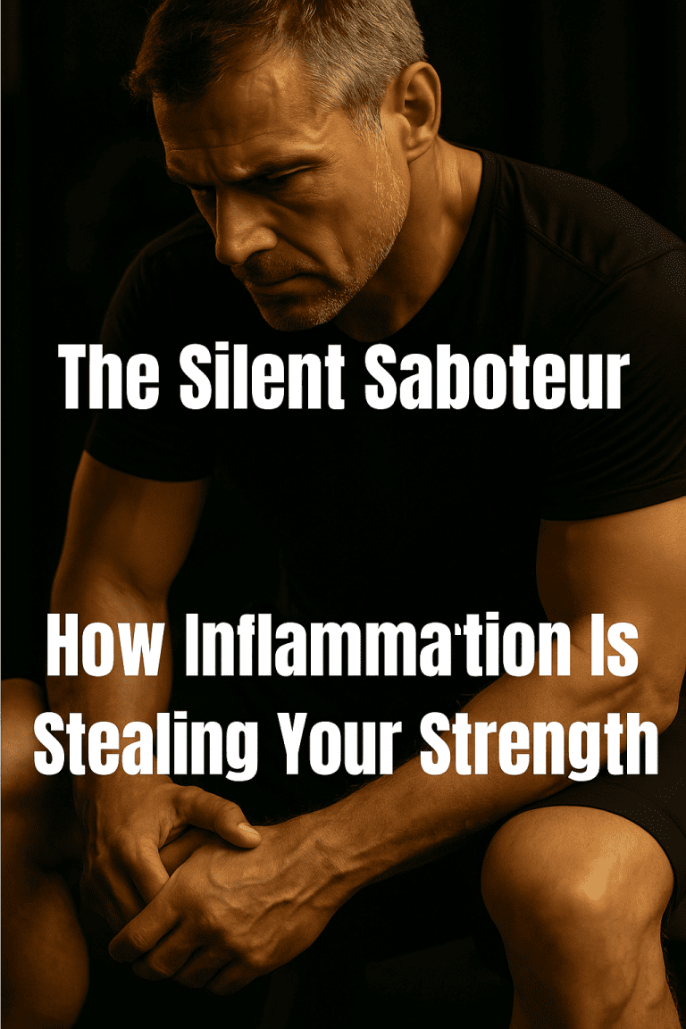 Muscular middle-aged man sitting on bench, looking fatigued but strong—overlay text about chronic inflammation and strength loss