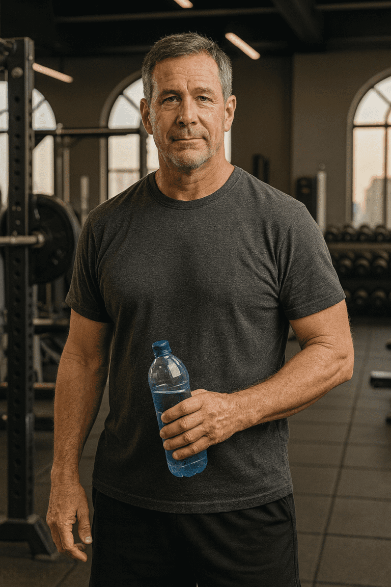 Fit middle-aged man after workout holding water bottle in gym – hydration tips for men over 40