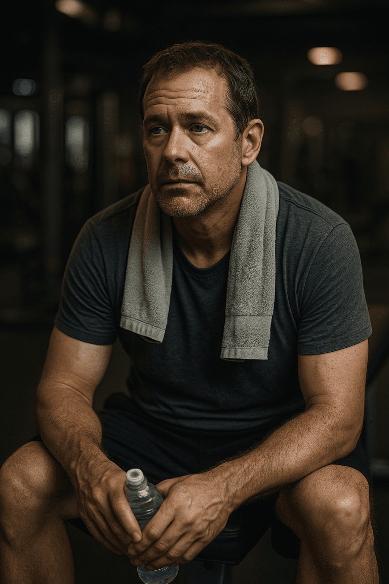 Tired middle-aged man sitting on gym bench with towel around his neck, slightly sweaty and thoughtful after a workout — realistic lighting and natural skin texture.