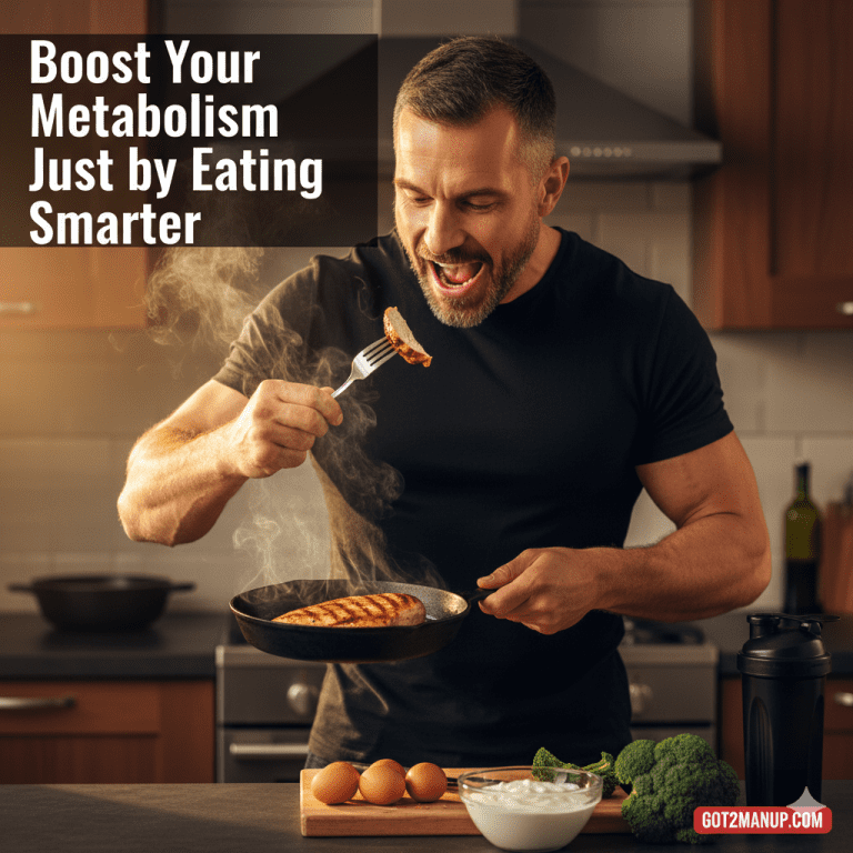 man over 40 cooking high-protein foods for thermic effect of food metabolism boost