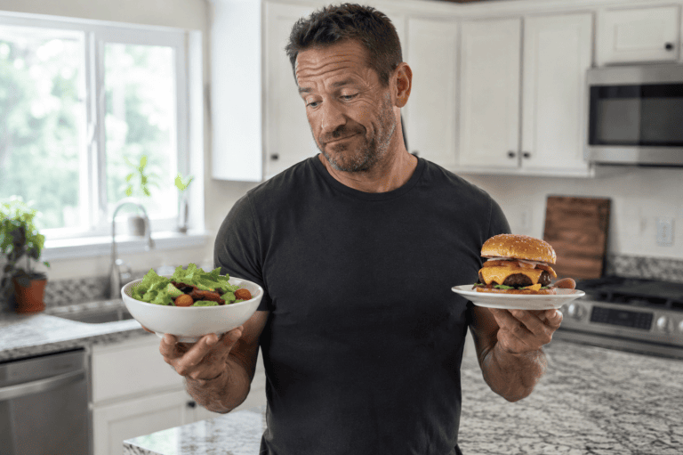 Fit man in his 40s deciding between a bowl of salad and a cheeseburger in his kitchen while learning about improving gut health.