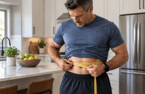 Man measuring waist to track visceral fat after 40